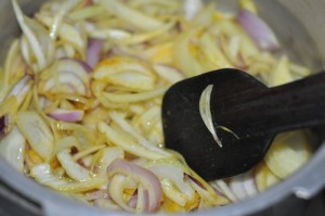 chicken curry for appam saute onion and turmeric