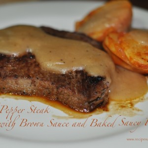 Black Pepper Steak Recipe with Brown Sauce and Baked Saucy Potatoes