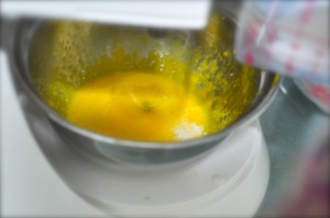 add sugar to yolks - Mango Cheesecake with sponge cake base