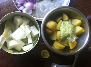 Paneer and Potato Tikka Skewers toss paneer and potato