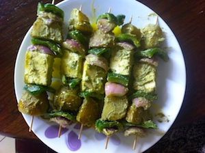 skewer to microwave Paneer and Potato Tikka Skewers