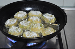 home made chicken nuggets - fry 1st side