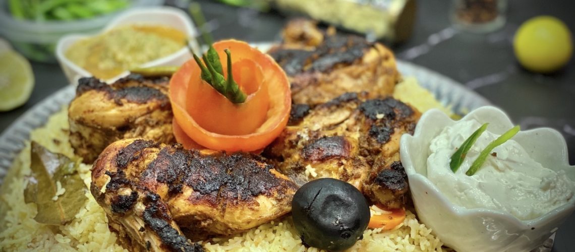 Chicken Al Faham Mandi | Alfaham Grilled Chicken Served on Aromatic Mandi Rice