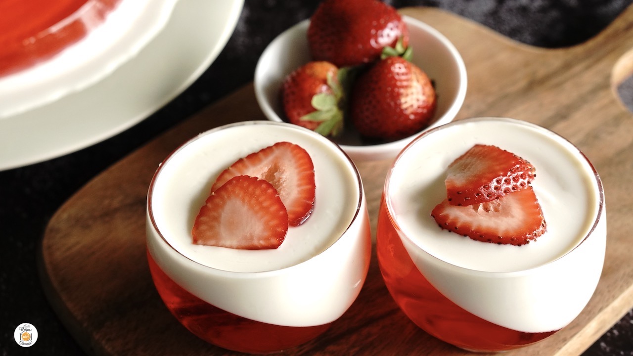 Coconut Panna Cotta with Strawberry Jelly slanted panna cotta